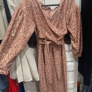 Boohoo Pink Sequin Wrap Dress with Bishop Sleeves